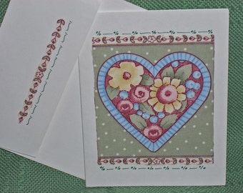 NOTE CARDS/Handmade Note Cards/Fabric Applique/Personal Note Cards/Set of 3 Note Cards/Hearts and Flowers/Cards and Envelopes/4 x 5 card