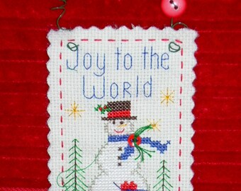 CHRISTMAS Ornament/Handmade Decoration/Finished Cross Stitch/Tree Ornament/Snowman and Top Hat/16 Count Aida Cloth/Wire Hanger/Gift Tag