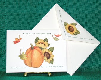 NOTE CARDS/Fall Design/Fabric Applique/Handmade Note Cards/Set of 3 Cards/Personal Note Cards/Cards and Envelopes/Pumpkins and Apples/4 by 5