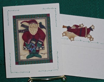 NOTE CARDS/Christmas Note Cards/Handmade Note Cards/Antique Santa's/Fabric Applique/Set of 3 Note Cards/Personal Note Cards/Blank Note Cards