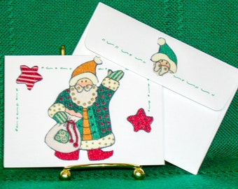 NOTE CARDS/Christmas Note Cards/Handmade Note Cards/Santa's/Fabric Applique/Set of 3 Note Cards/Personal Note Cards/Blank Note Cards