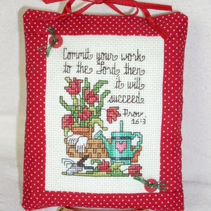 SMALL PILLOW/Scripture Pillow/Handmade Pillow/Counted Cross Stitch/Inspirational/Stuffed Pillow/Shelf Sitter/Ribbon to Hang/Cotton Fabric