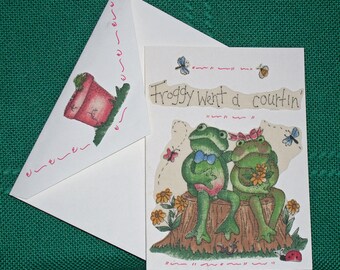 NOTE CARDS/Handmade Note Cards/Fabric Applique Card/Dianna Marcum/Personal Note Cards/Set of 3 Note Cards/Green Frogs/Cards and Envelopes