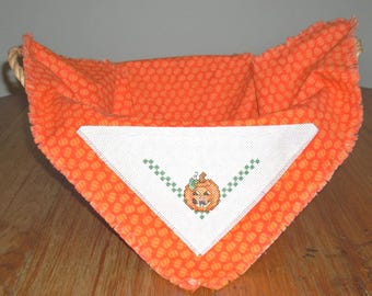 FALL BREAD CLOTH/Basket Liner/Bread Cover/Counted Cross Stitch/Hand Stitched/Cotton Fabric/Pumpkin Design/Appliqued Design/Aida Cloth
