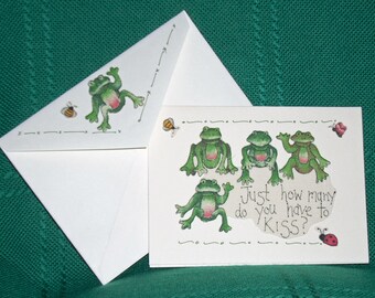 NOTE CARDS/Handmade Note Cards/Fabric Applique Card/Greeting Cards/Personal Note Cards/Set of 3 Note Cards/Green Frogs/Cards and Envelopes