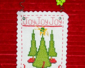 CHRISTMAS Ornament/Handmade Decoration/Finished Cross Stitch/Tree Ornament/16 Count Aida Cloth/3 Christmas Trees/Green Wire Hanger/Gift Tag