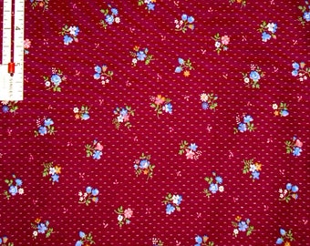 VINTAGE Fabric/Burgundy with Blue Floral/Fabric Yardage/Quilting Fabric/Cotton Fabric/Sewing Supply/VIP Print Fabric/1980's/Retro Fabric