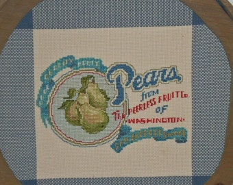 VINTAGE CROSS STITCH/Basket Lid Frame/Counted Cross Stitch/Handmade/Country Decor/1980 Design/Hopscotch Fabric/Pear Fruit Logo/Teal Blue