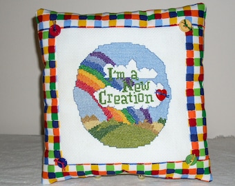 PILLOW/Rainbow Design/Cross Stitch Design/Stuffed Pillow/Cotton Fabric/Handmade Pillow/Square Pillow/8 by 8/Button Accents/Childs Pillow