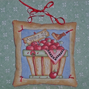 SMALL PILLOW/Shelf Sitter/Decorative Pillow/ Apple Basket/Stuffed Pillow/Handmade/Country Decor/Cotton Fabric/Button Accent/Ribbon Hanger