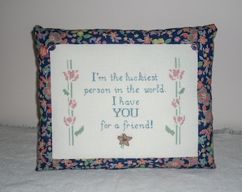 PILLOW/Friend Design/Finished Cross Stitch Design/Handmade Pillow/Stuffed Pillow/Floral Cotton Fabric Pillow/8 by 10 Pillow/Button Accents