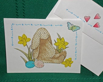 NOTE CARDS/Easter Cards/ Rabbits with Gold Glitter/Set of 3 Cards/Handmade Note Cards/Fabric Applique Cards/Personal Note Card/4 by 5 Card