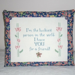 PILLOW/Friend Design/Finished Cross Stitch Design/Handmade Pillow/Stuffed Pillow/Floral Cotton Fabric Pillow/8 by 10 Pillow/Button Accents