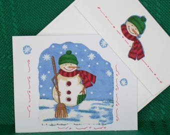 NOTE CARDS/Christmas Cards/Fabric Applique/Snowmen/Handmade Note Cards/Personal Note Cards/Set of 3 Cards/Cards and Envelopes/4 x 5 card