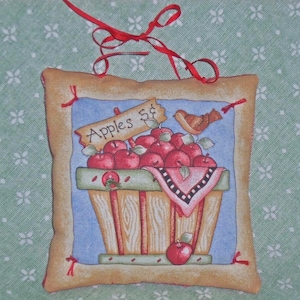 SMALL PILLOW/Shelf Sitter/Decorative Pillow/ Apple Basket/Stuffed Pillow/Handmade/Country Decor/Cotton Fabric/Button Accent/Ribbon Hanger
