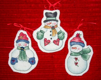 CHRISTMAS Ornament/Handmade Decoration/Tree Ornament/Set of 3 Ornaments/Ribbon Hanger/Gift Tag/Shaped Ornament/Snow Buddies by Dianna Marcum