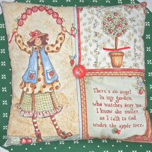 PILLOW/Angel in My Garden/12 by 12 Pillow/Stuffed Pillow/Cotton Fabric/Handmade/Apple Tree/Button Accents/Country/Farmhouse/Decorative