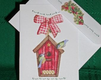 NOTE CARDS/Christmas Cards/Fabric Applique/Handmade Note Cards/Personal Note Cards/Cards and Envelopes/Birds and Houses/Set of 3 Note Cards