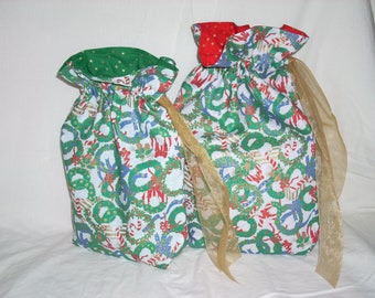 CHRISTMAS GIFT BAGS/Fabric Gift Bags/Handmade Gift Bags/Set of 2 Bags/Drawstring Bags/Reusable Bags/Cotton Fabric/Gift Wrap/Eco Friendly