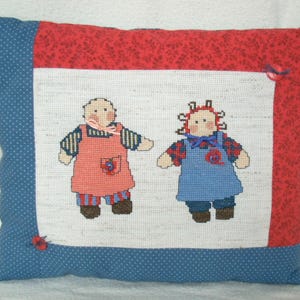 Cross Stitch Rag Doll Pillow: Handmade Floral Cotton, Button Accents