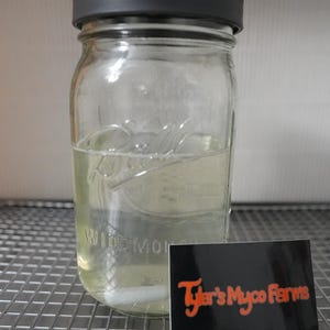 May include: A clear glass jar with a black lid filled with a pale yellow liquid. The jar has a label that says "Wide Mouth" and a sticker that says "Tyler's Myco Farms".