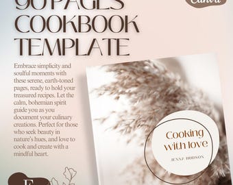 Boho Theme Template Cookbook 90 pages (Canva template)