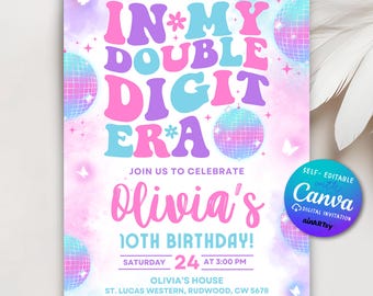 Editable In My Double Digits Era invitation, In My Birthday Era Girl Birthday Invitation, In Her Double Digits Era, Printable Template Canva