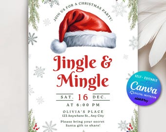 May include: A festive Christmas party invitation with a red Santa hat illustration. The invitation text reads "Jingle & Mingle" with event details, including date, time, and location. Decorated with snowflakes and greenery.