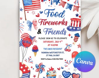 Invitación a barbacoa del 4 de julio, invitación a barbacoa del Día de la Independencia, fiesta en EE. UU., comida y fuegos artificiales del 4 de julio, Canva editable
