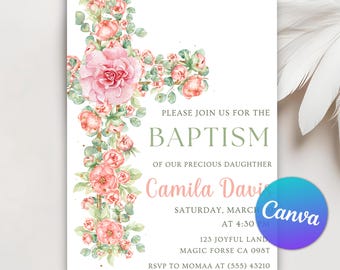 Pink Girl Vintage Floral Baptism Invitation Girl Flower Invitation, Christening Invitation Pink Baptism Invite, Editable Canva Template