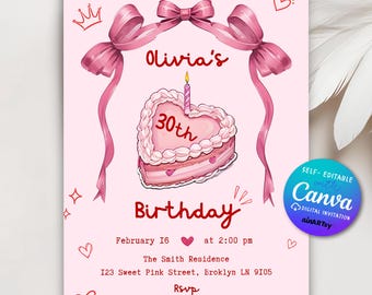 Pink Retro Cake Birthday Invitation, Heart Cake Invite Vintage 30th Birthday Invite,  Pink Coquette Invite, Canva Editable Template