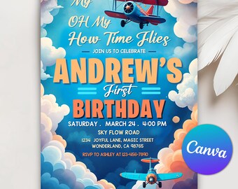 Invito per il primo compleanno di un aeroplano, invito per la festa di un bambino a forma di aeroplano, invito per l'aeroplano, invito per la festa del primo compleanno di un bambino a forma di aeroplano, modello Canva modificabile