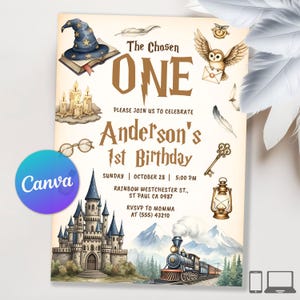 Puede incluir: Una invitación de cumpleaños con temática de fantasía. El diseño presenta un sombrero de mago, un búho, un castillo y un tren. El texto dice "The Chosen One" y anuncia el primer cumpleaños de Anderson.