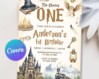 Chosen One Birthday Invitation, Magic School First Birthday Invite, Magical School Theme Invite, Wizard 1st Birthday Invite, Editable Canva