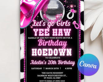 Inbjudan till rosa cowgirl-födelsedag, rosa disco-cowgirl-fest, inbjudan till hoedown-födelsedagsfest, glamourinbjudan, redigerbar Canva-inbjudan