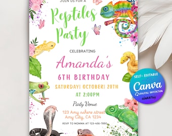 May include: A colorful digital invitation for a reptile themed birthday party. The invitation features a chameleon, a snake, a frog, and a lizard. The text on the invitation reads "Join us for a Reptiles Party Celebrating Amanda's 6th Birthday Saturday October 20th at 2:00PM Party Venue 123 Any where street Any City, CA 1234 RSVP to Momma at 123-456-7890 Self-Editable with Canva Digital Invitation ainARTsy".