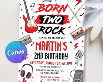Pode incluir: Um convite de aniversário com tema rock and roll com uma guitarra vermelha, notas musicais e o texto "Born Two Rock". O convite inclui o nome "Martin" e a data e hora da festa.