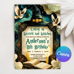 Wizards Witches Birthday Invitation, Magical Birthday Invitation, Magic School Wizardry Birthday Party, Canva Editable Invitation