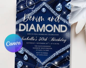 Denim and Diamonds Birthday invitation, Denim Birthday Dinner Invites, Elegant Women Invitation 30th 40th, Blue Denim Jeans, Editable Canva