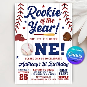 Invitación de cumpleaños de béisbol, invitación para el primer cumpleaños de béisbol, invitación al novato del año para fiesta de cumpleaños de béisbol, plantilla editable de Canva