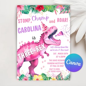 Dinosaur Birthday Invitation girl, Three-rex Invitation, 3 Rex Birthday Party, Girl Dinosaur Party Invite Template, Canva Editable Template