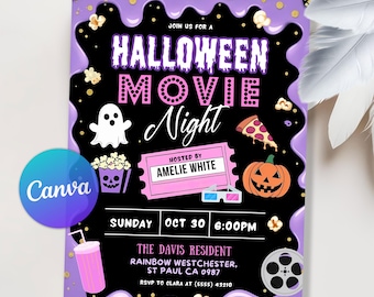 Halloween Movie Night Editable Invitation, Scary Movie Night Halloween Party Invitation, Horror Movie Nigh  Halloween Movie, Canva Template