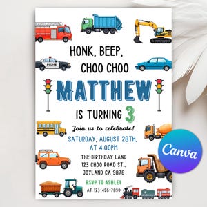 Transport Geburtstagseinladung, Honk Beep Choo Choo Zug LKW Auto Geburtstag einladen, LKW und Autos Geburtstag, bearbeitbare Canva Vorlage
