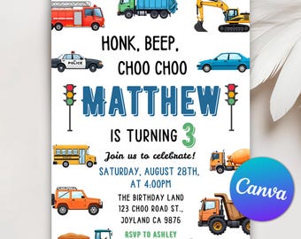 Transportation Birthday Invitation, Honk Beep Choo Choo Train Truck Car Birthday Invite, Truck and Cars Birthday, Editable Canva Template