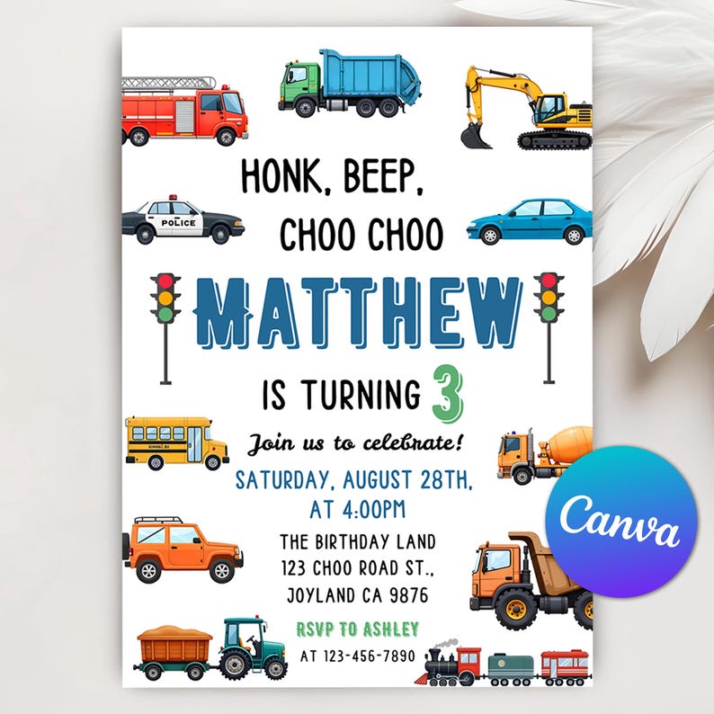 City Transportation,Beep,Choo Choo Train,3rd birthday,Cars Birthday Invite,Truck Birthday,editable invitation,car invitation,truck birthday,cars birthday invite,car birthday invite,kids birthday invite,Cars Birthday,Truck and Cars