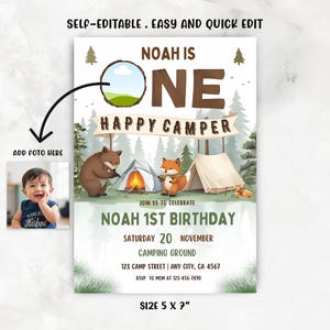 camp birthday theme,happy camper invite,happy camper bear,Camp first birthday,One happy camper,Lumberjack birthday,Lumberjack party,Camping invitation,boy happy camper,Camping 1st Birthday,happy camper party,1st Birthday,editable invitation