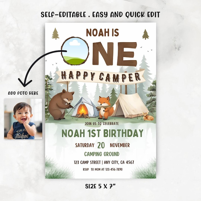 camp birthday theme,happy camper invite,happy camper bear,Camp first birthday,One happy camper,Lumberjack birthday,Lumberjack party,Camping invitation,boy happy camper,Camping 1st Birthday,happy camper party,1st Birthday,editable invitation