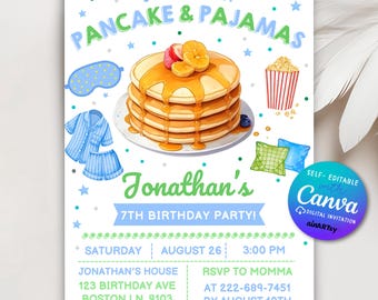 Junge Pfannkuchen und Pyjamas Einladung, Pfannkuchen Pyjamas Geburtstagseinladung, Pfannkuchen Einladung, Jungen-Geburtstagsfeier, bearbeitbare Canva-Vorlage