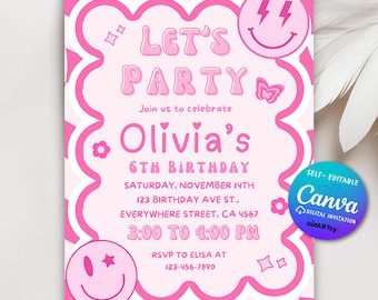 May include: Pink and white birthday party invitation with a pink and white checkered background. The invitation says "Let's Party" in pink bubble letters with a pink butterfly and smiley face. The invitation is for Olivia's 6th birthday and includes the date, time, and RSVP information.