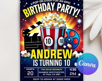 Invitación de cumpleaños de película, invitación a fiesta de cine, fiesta de cumpleaños de noche de cine, invitación de cumpleaños de noche de cine en el patio, plantilla editable de Canva
